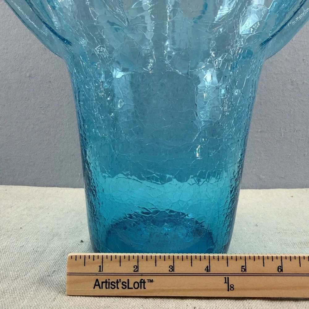 Bischoff Peacock Blue Glass‎ Crackle Vase Ruffled Rim 11